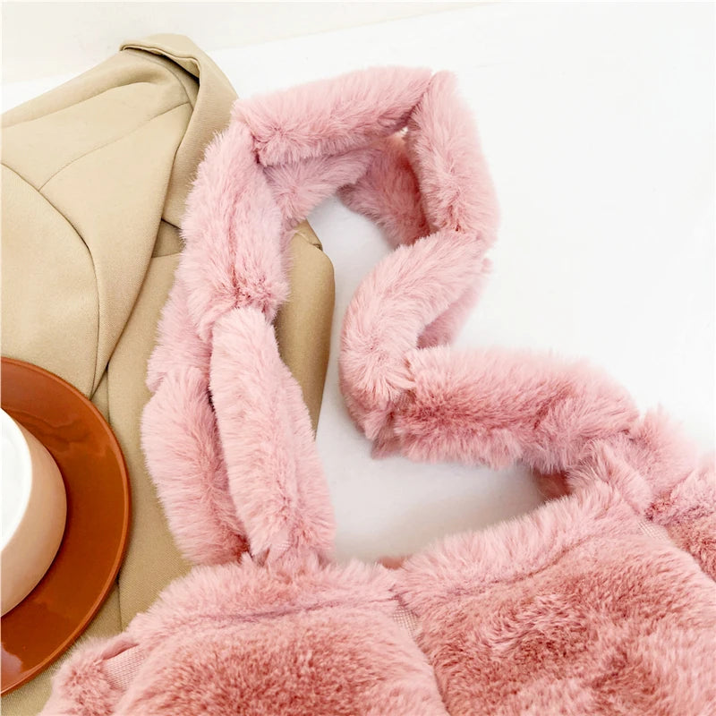 Women Plush Shoulder Bag Fashion Tote Bag Large Capacity Fluffy Handbag Solid Color Fuzzy Top Handle Bag Soft Shopper Bag