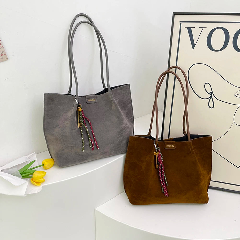 Women Vintage Tote Bag Large Capacity Suede Slouchy Tote Handbag Retro Top-Handle Bag Female Commute Bag
