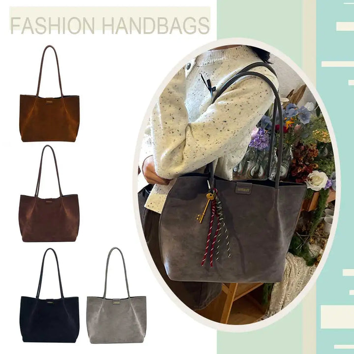 Women Vintage Tote Bag Large Capacity Suede Slouchy Tote Handbag Retro Top-Handle Bag Female Commute Bag