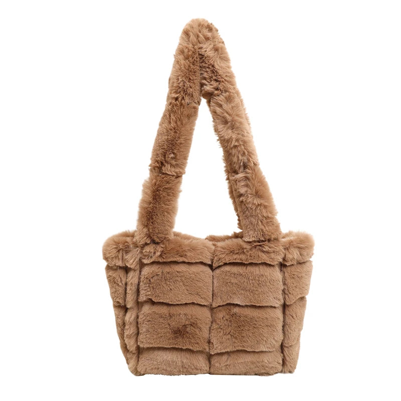 Women Plush Shoulder Bag Fashion Tote Bag Large Capacity Fluffy Handbag Solid Color Fuzzy Top Handle Bag Soft Shopper Bag